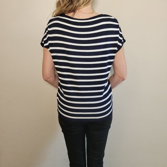 LOFT Top Womens Small Blue White Navy Stripe Cap Sleeve Sweater Shirt Blouse - Picture 5 of 8